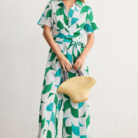 Contrast Geometric Print Lapel Tie-Up Short Sleeve Jumpsuit