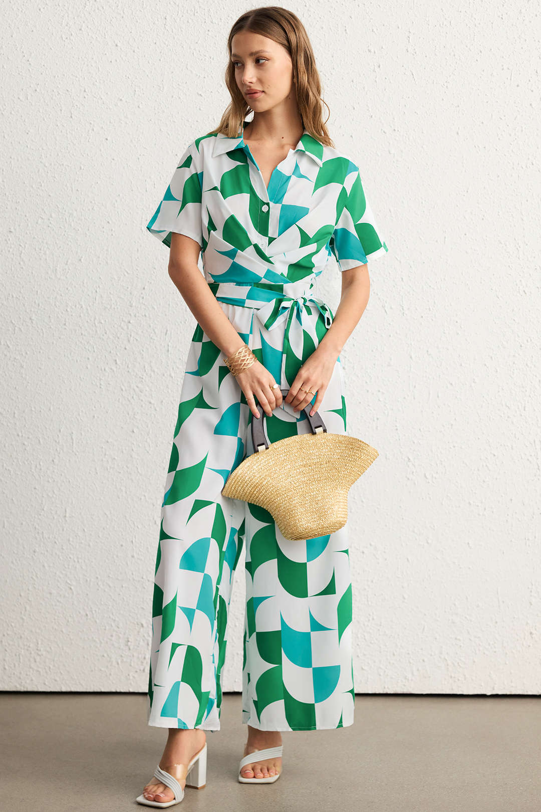 Contrast Geometric Print Lapel Tie-Up Short Sleeve Jumpsuit