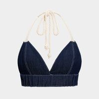Denim Halter Neck Tie-Up Backless Crop Top