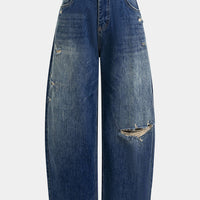 Denim Asymmetrical Frayed Barrel Jeans