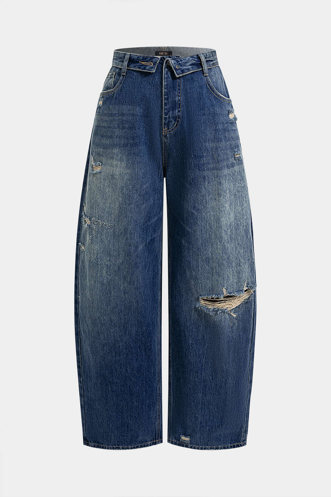 Denim Asymmetrical Frayed Barrel Jeans