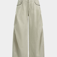 Denim Studded Rivet Ruched Wide Leg Jeans