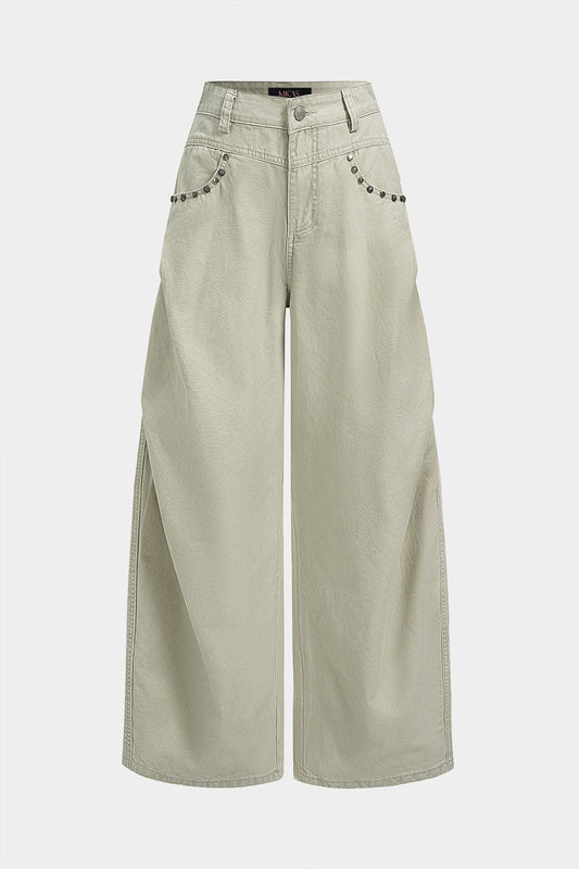 Denim Studded Rivet Ruched Wide Leg Jeans