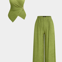Metallic V-Neck Ruched Tank Top And Wide Leg Pants