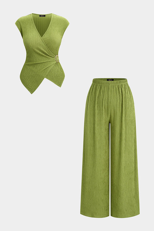 Metallic V-Neck Ruched Tank Top And Wide Leg Pants
