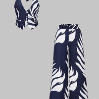 Contrast Leaves Print Halter V-Neck Tie-Up Top And Wide Leg Pants Set