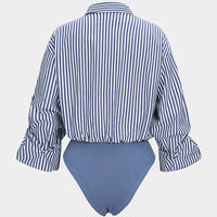 Stripes Print Button Patchwork Knotted Long Sleeve Bodysuit