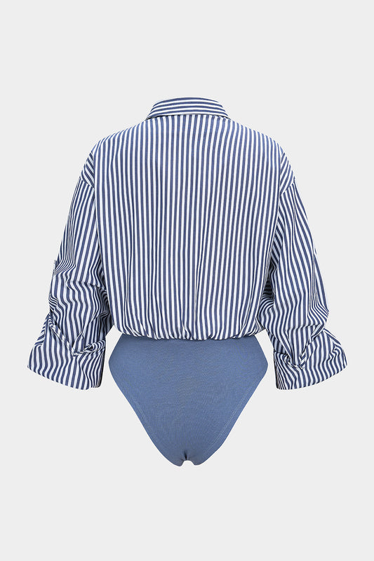 Stripes Print Button Patchwork Knotted Long Sleeve Bodysuit