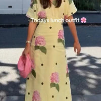 Jasmine Linen Blend Floral Polka Dot Wide Sleeve Shirt Maxi Dress