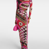 Retro Personality Abstract Print Hip-Wrapped Maxi Dress