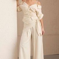 Striped Ruched Tie-Up Wide Leg Pants
