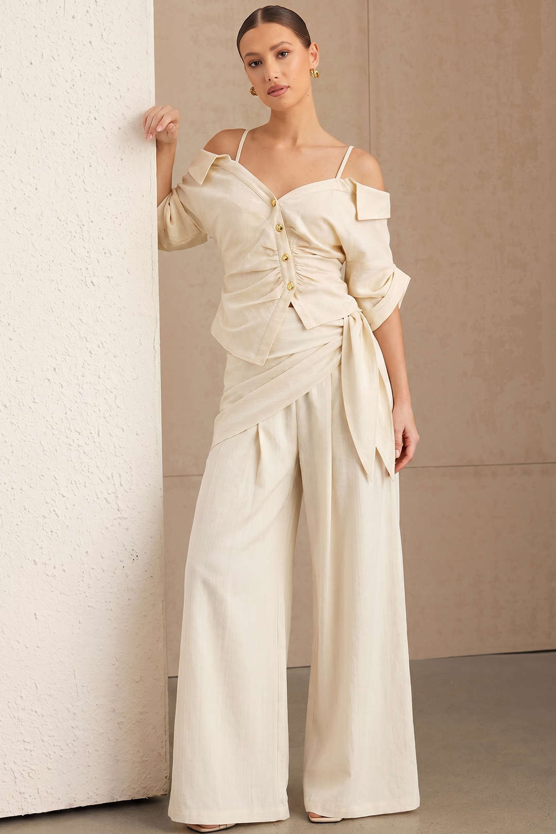 Striped Ruched Tie-Up Wide Leg Pants
