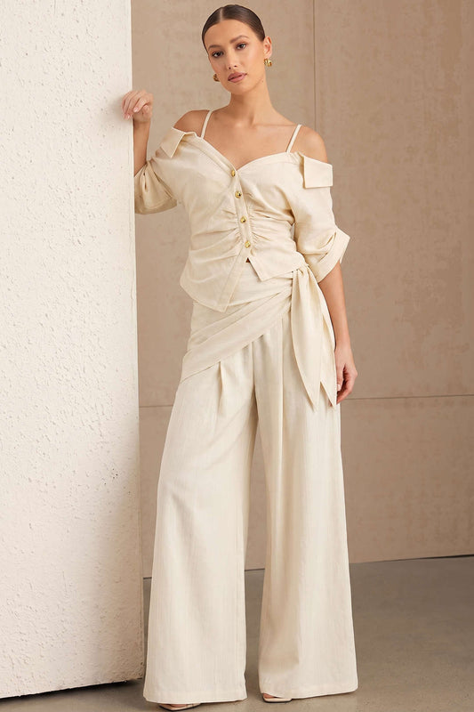 Striped Ruched Tie-Up Wide Leg Pants