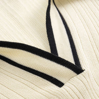Knit Contrast Binding Lapel Short-Sleeve Top And Wide Leg Pants Set