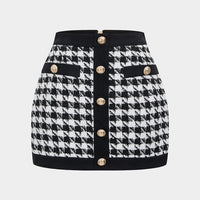 Houndstooth Print Button High Waist Skirt
