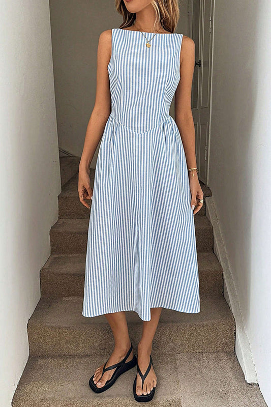 Stripes Print Sleeveless Midi Dress
