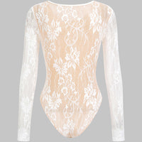 Lace Round Neck Hollow Out Long-Sleeve Bodysuit