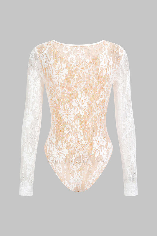 Lace Round Neck Hollow Out Long-Sleeve Bodysuit