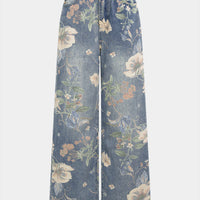 Denim Floral Print High Waist Straight Leg Jeans