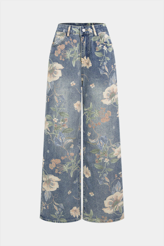 Denim Floral Print High Waist Straight Leg Jeans