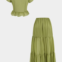 Chiffon Patchwork Lace V-Neck Ruched Top And Tie-Up Skirt Set