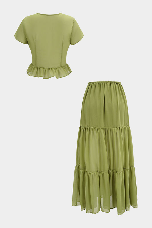 Chiffon Patchwork Lace V-Neck Ruched Top And Tie-Up Skirt Set