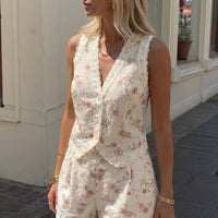 Floral Print Patchwork V-Neck Hollow-Out Shirt And Shorts Set