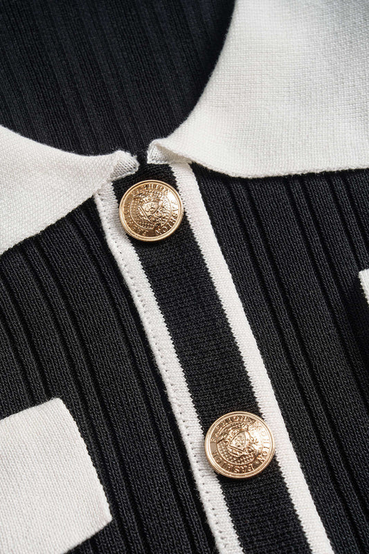 Knit Contrast Lapel Button Short Sleeve Dress