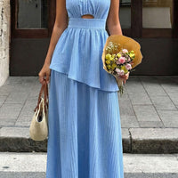 Round Neck Asymmetrical Ruched Cut Out Maxi Dress