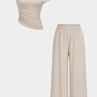 Textured One-Shoulder Ruched Top And Elastic Waistband Wide-Leg Pants Set