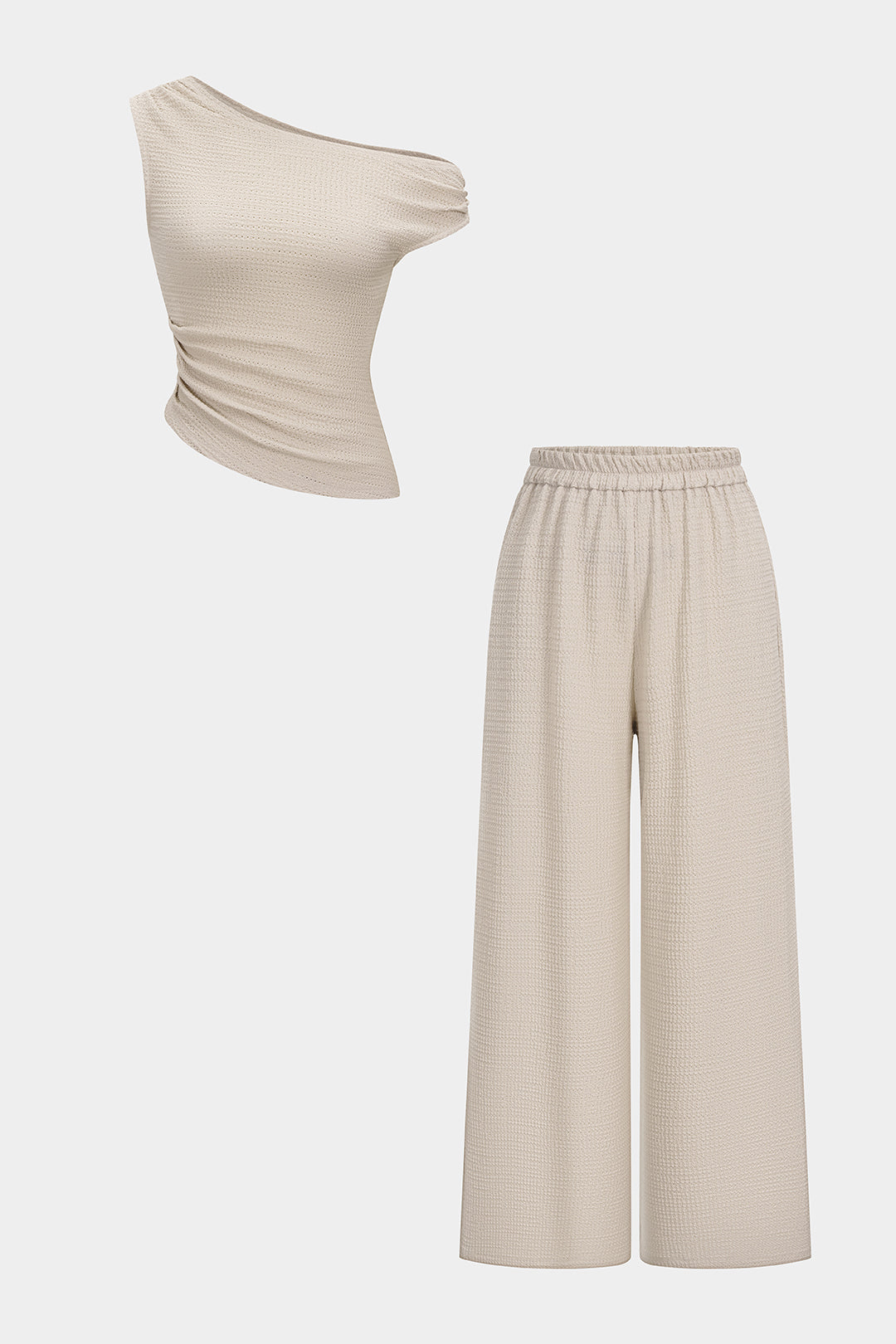 Textured One-Shoulder Ruched Top And Elastic Waistband Wide-Leg Pants Set