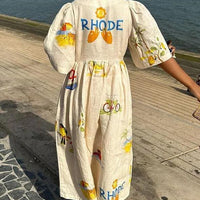 Folk Floral Print Unique Holiday Puff Sleeve Midi Dress