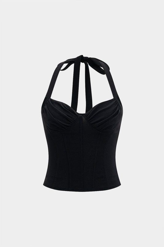 Halter Neck Tie-Up Ruched Zipper Cami Top
