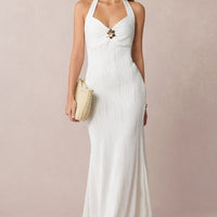 Halter Neck Tie Back Backless Metallic Decor Sleeveless Maxi Dress
