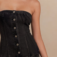 Denim Pleated Strapless Mini Dress