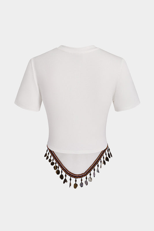 Fringe Round Neck Short Sleeve T-Shirt