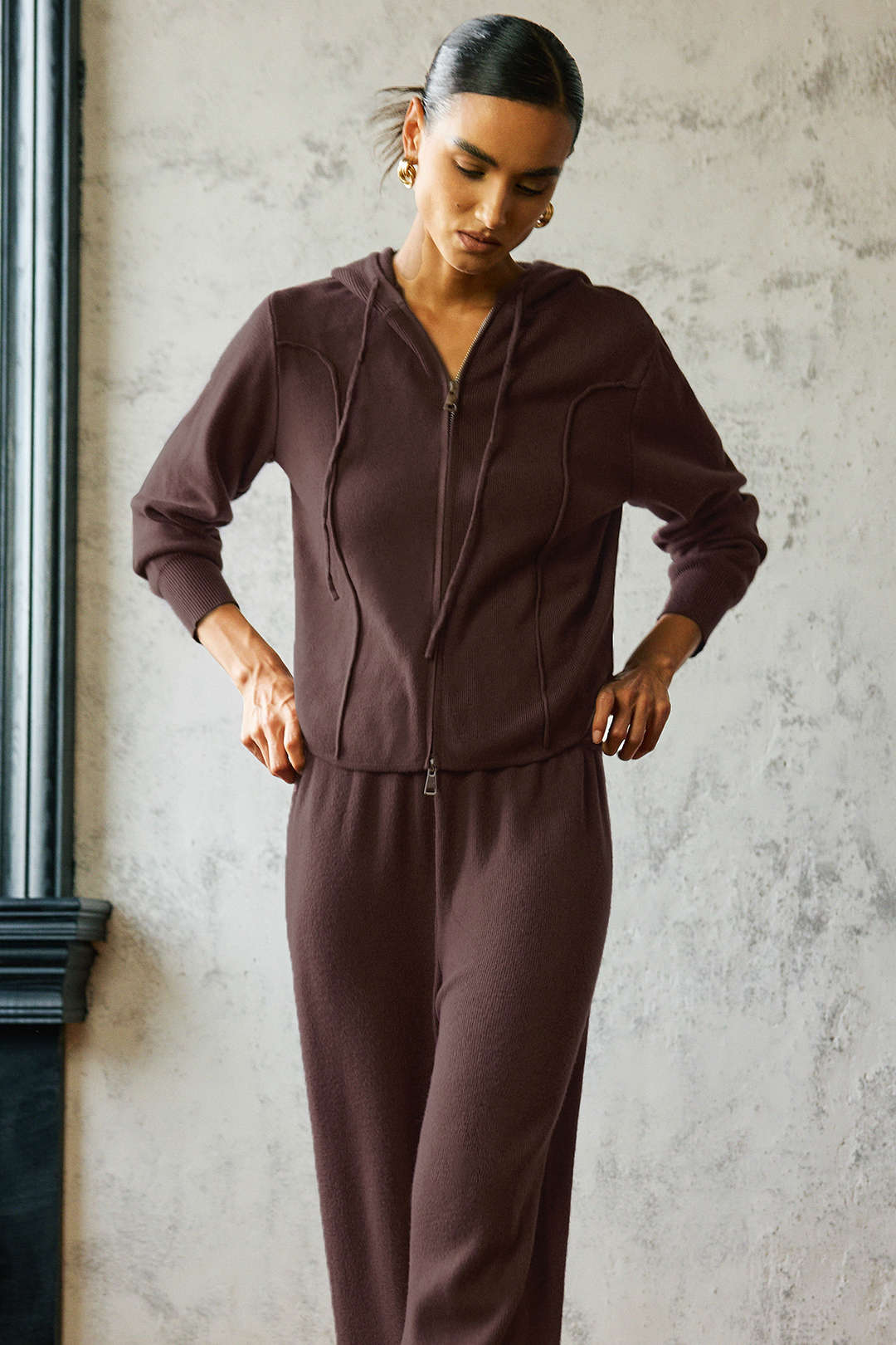 Knit Zipper Hooded Sweater Caedigan And Wide Leg Pants Set