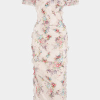 Floral Print Chiffon Patchwork Mesh Off Shoulder Ruffle Sleeveless Maxi Dress