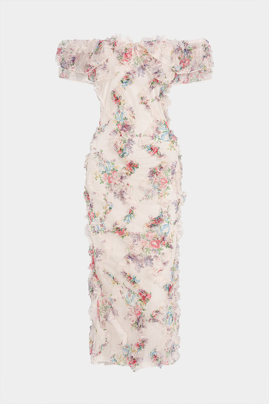 Floral Print Chiffon Patchwork Mesh Off Shoulder Ruffle Sleeveless Maxi Dress