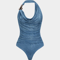 Denim Print Asymmetrical Draped Cowl Halter Neck Sleeveless Bodysuit