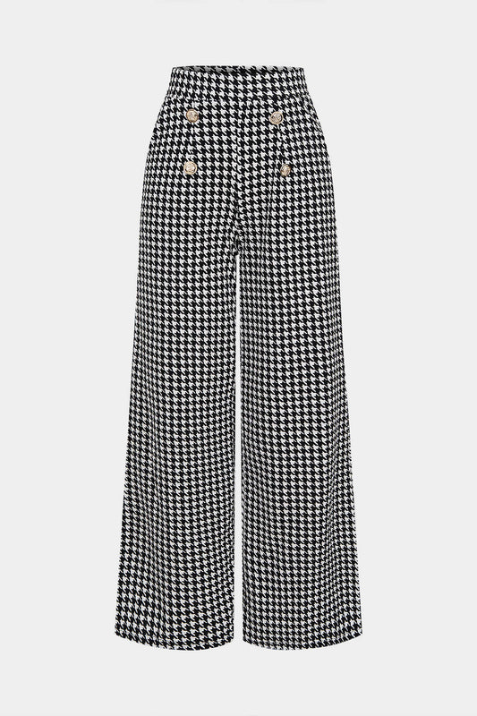 Houndstooth Print High Waist Button Wide Leg Pants