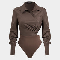 Asymmetrical Patchwork Cut Out Ruched Long Sleeve Bodysuit