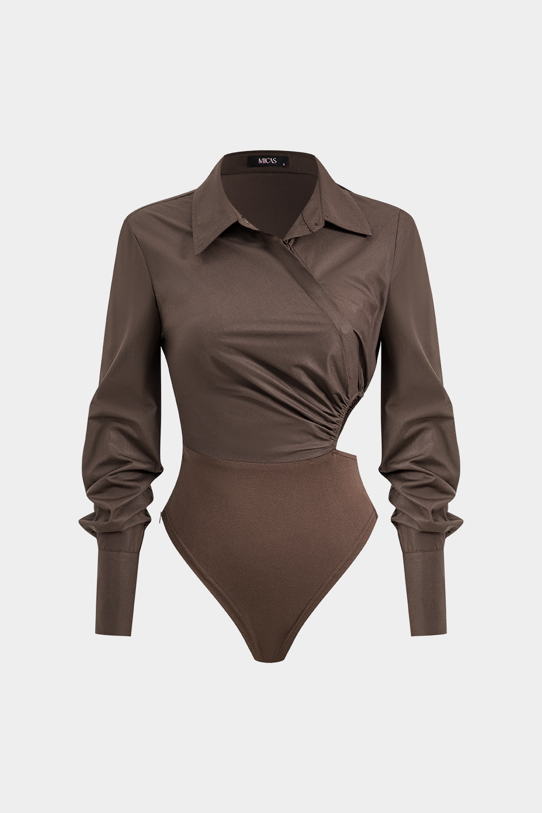 Asymmetrical Patchwork Cut Out Ruched Long Sleeve Bodysuit
