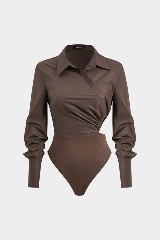 Asymmetrical Patchwork Cut Out Ruched Long Sleeve Bodysuit