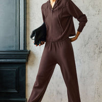Knit Zipper Hooded Sweater Caedigan And Wide Leg Pants Set