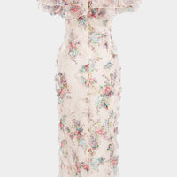 Floral Print Chiffon Patchwork Mesh Off Shoulder Ruffle Sleeveless Maxi Dress