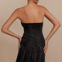 Denim Pleated Strapless Mini Dress