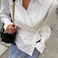 V-Neck Asymmetrical Tie Back Long-Sleeve Shirt