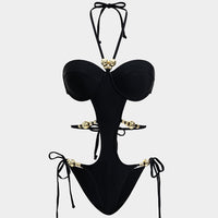 Metallic Tie-Up Beaded Cut Out Swimsuit