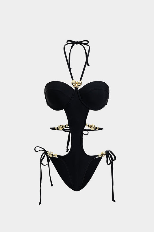 Metallic Tie-Up Beaded Cut Out Swimsuit